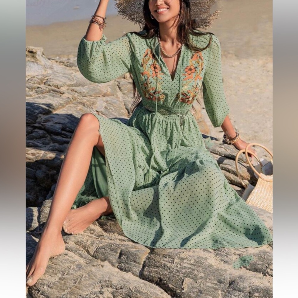 Boho mint green  floral print embroidered polka dot long sleeve dress